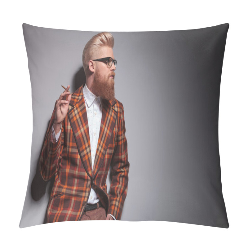 Personality  Side View Of A Cool Fashion Man With Great Hairstyle Smoking Pillow Covers