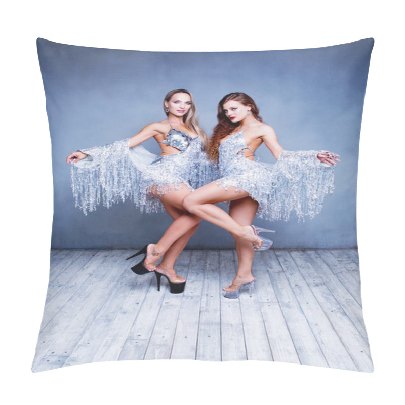 Personality   Beautiful Women Striptease Dancers Performing Russian Traditional Folk Dance Wearing Sparkling Silver Costumes , Isolated Against White Pillow Covers