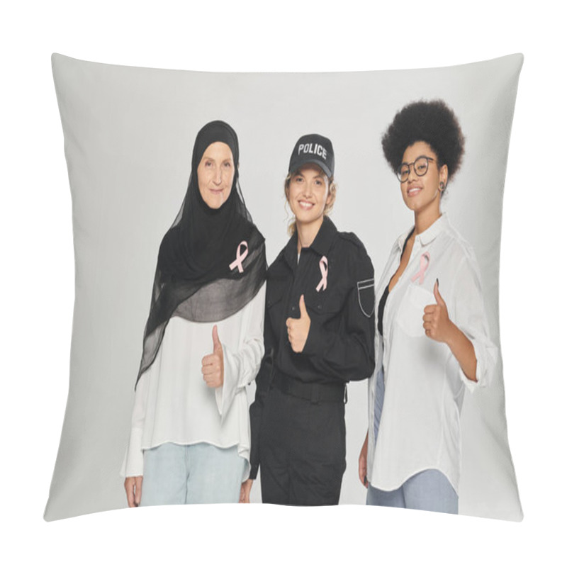 Personality  Smiling Multiethnic Women With Pink Ribbons Showing Like Gesture Isolated On Grey, Breast Cancer Pillow Covers