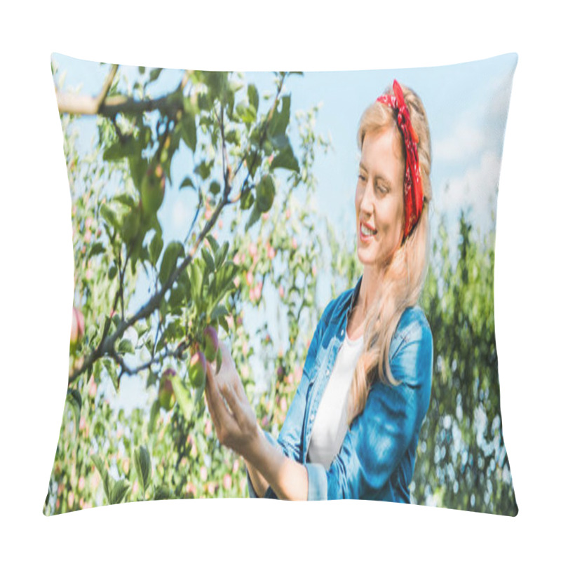 Personality  Attractive Farmer Touching Apple On Tree In Garden  Pillow Covers