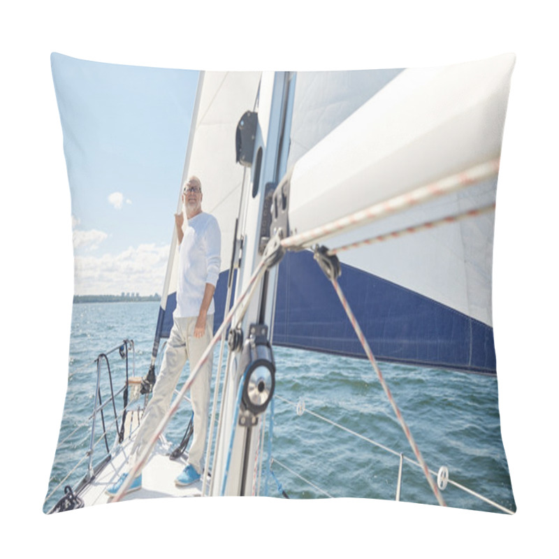 Personality  Senior Man On Sail Boat Or Yacht Sailing In Sea Pillow Covers