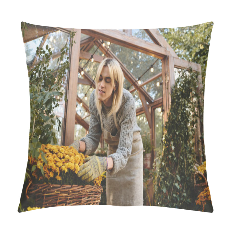 Personality  In A Sunny Greenhouse, A Young And Handsome Man Carefully Arranges Bright Yellow Flowers In Woven Baskets. Surrounded By Lush Greenery, They Exude Passion For Gardening And Nature. Pillow Covers