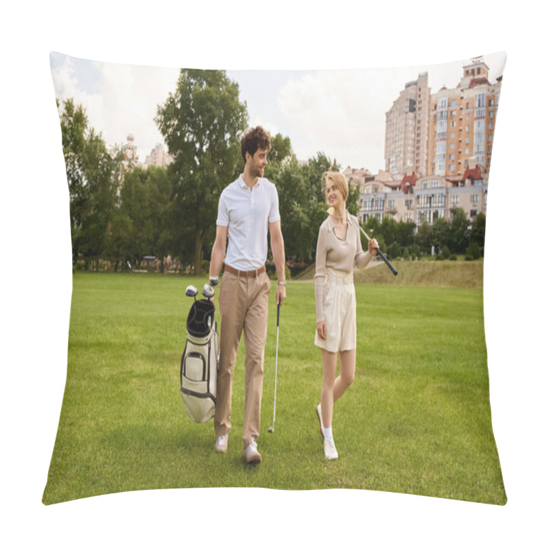 Personality  A Young Couple In Elegant Attire Leisurely Walk Across A Lush Green Golf Course, Enjoying A Luxurious Outdoor Experience Together. Pillow Covers