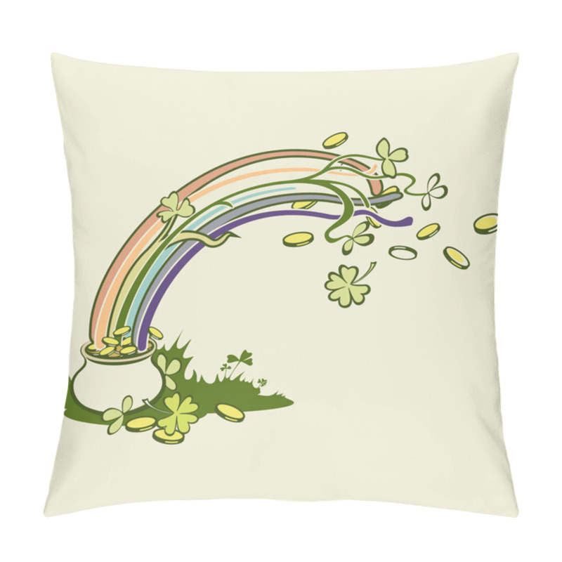 Personality  Rainbow, Green Leaf Lucky Clover And Pot Full Of Gold. Vector Illustration Pillow Covers