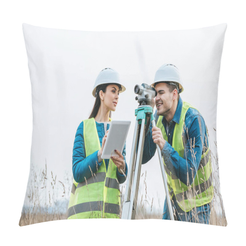 Personality  Surveyors Working With Digital Level And Tablet In Field Pillow Covers