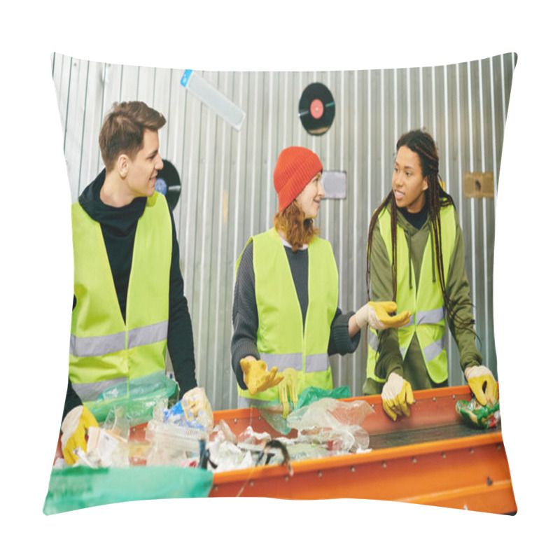 Personality  Young Volunteers In Gloves And Safety Vests Sorting Waste On A Table, Promoting Eco-conscious Practices. Pillow Covers