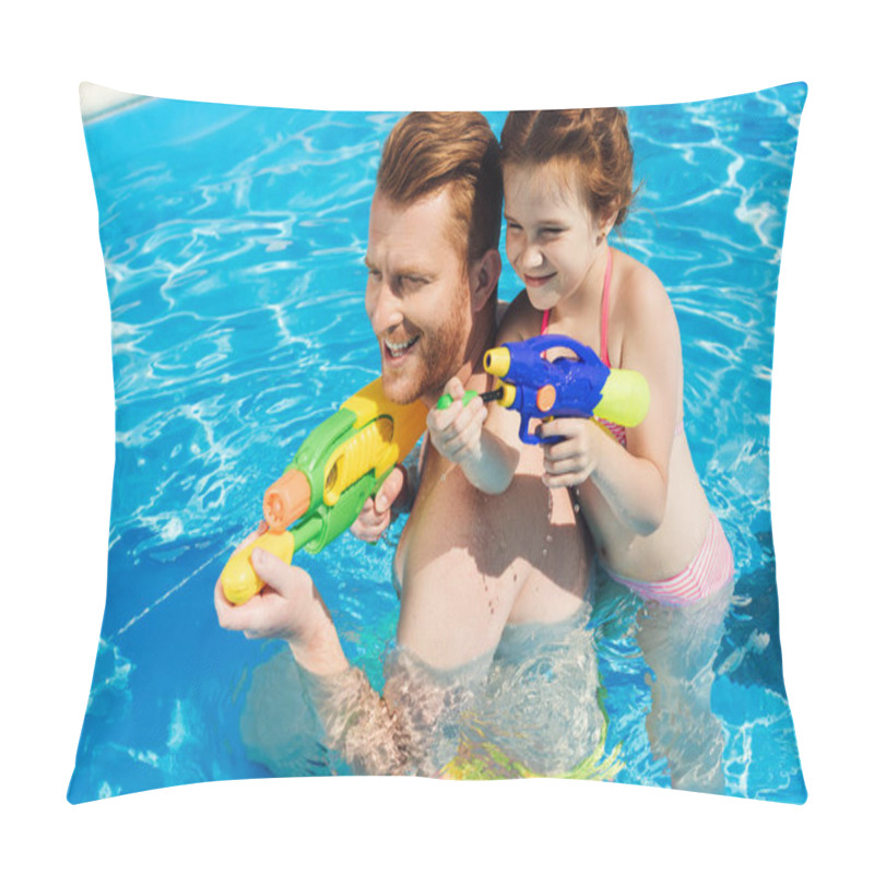 Personality  Handsome Father And Adorable Daughter Playing With Water Guns In Swimming Pool Pillow Covers