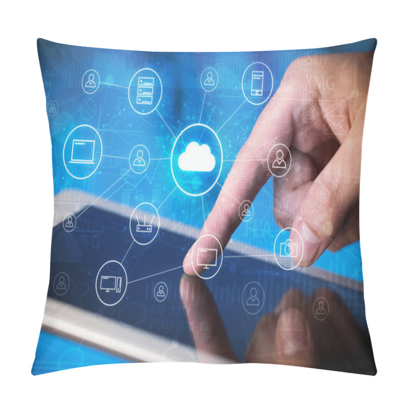 Personality  Hand Working In Tablet Graphs And Charts And Reports Concept Around Pillow Covers