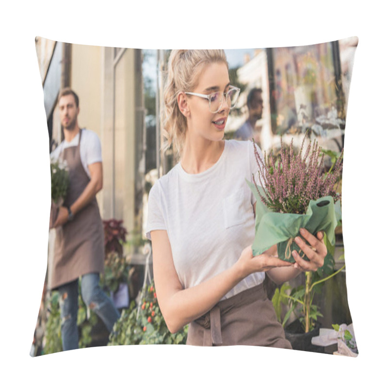 Personality  Attractive Florist Looking At Potted Salvia Flowers Near Flower Shop Pillow Covers