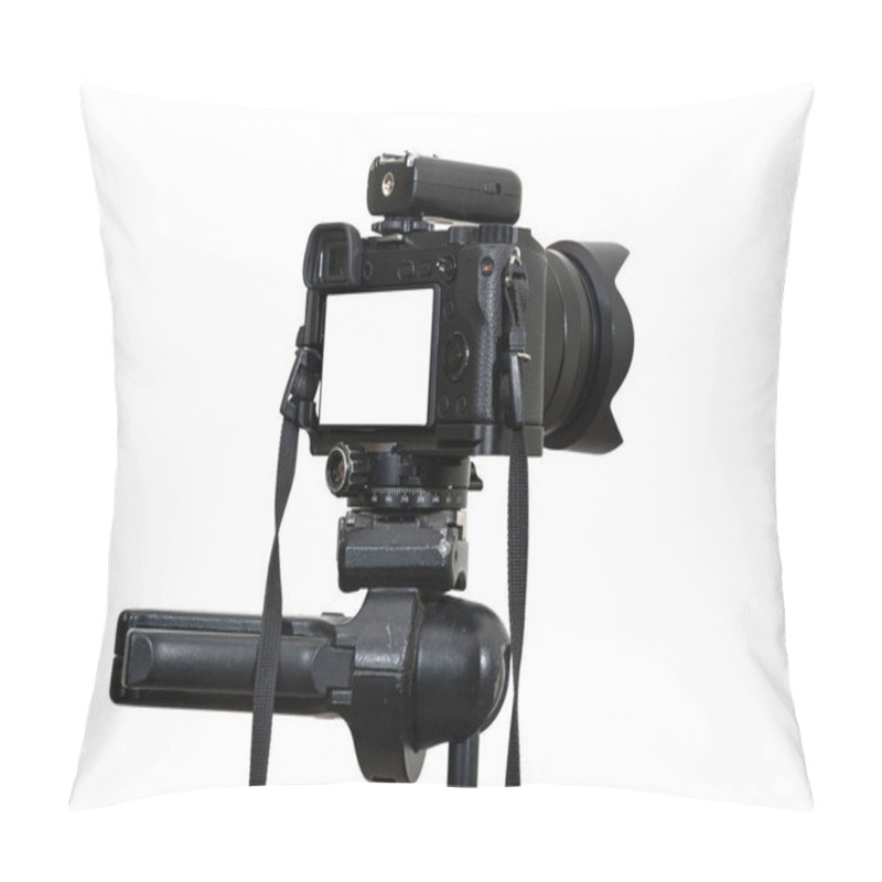 Personality  Professional Digital Mirrorless Camera On Tripod On White Background, Camera For Photographer Or Video, Live Streaming Equipment Concept, Include Clipping Path Pillow Covers