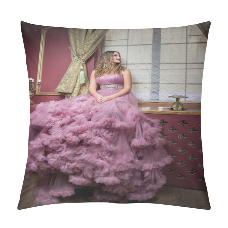 Personality  Portrait Of Young Beautiful Girl In Long Pink Dress Pillow Covers