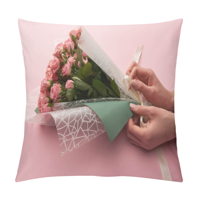 Personality  Cropped Shot Of Woman Wrapping Beautiful Tender Roses On Pink Pillow Covers