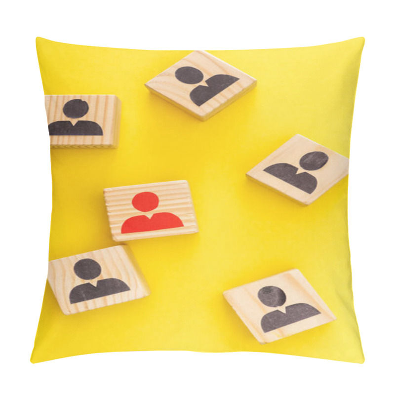 Personality  Top View Of Wooden Cubes With Unique Red Painted Man Among Another On Yellow  Pillow Covers