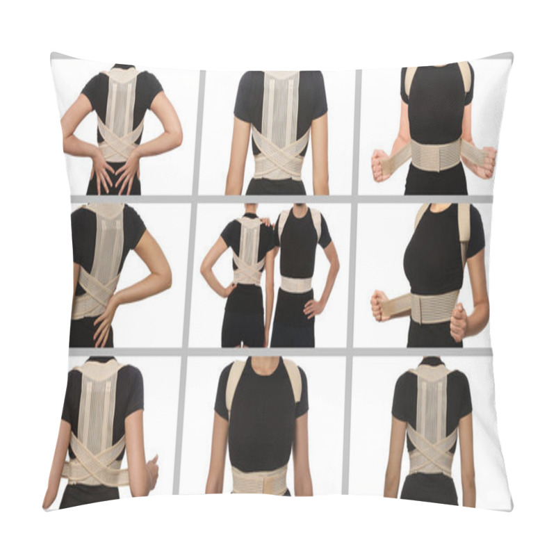 Personality  Collage With Photos Of People With Orthopedic Corsets On White Background Pillow Covers