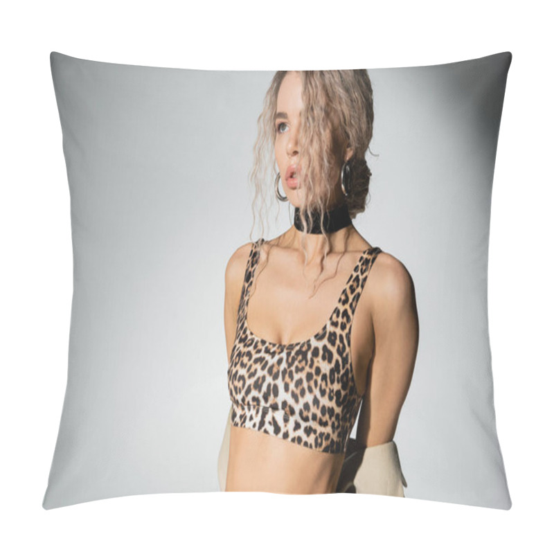 Personality  Attractive Woman With Wavy Ash Blonde Hair And Expressive Gaze Posing In Animal Print Crop Top And Looking Away On Grey Background, Modern Individuality, Sexy Look, Self-expression Pillow Covers