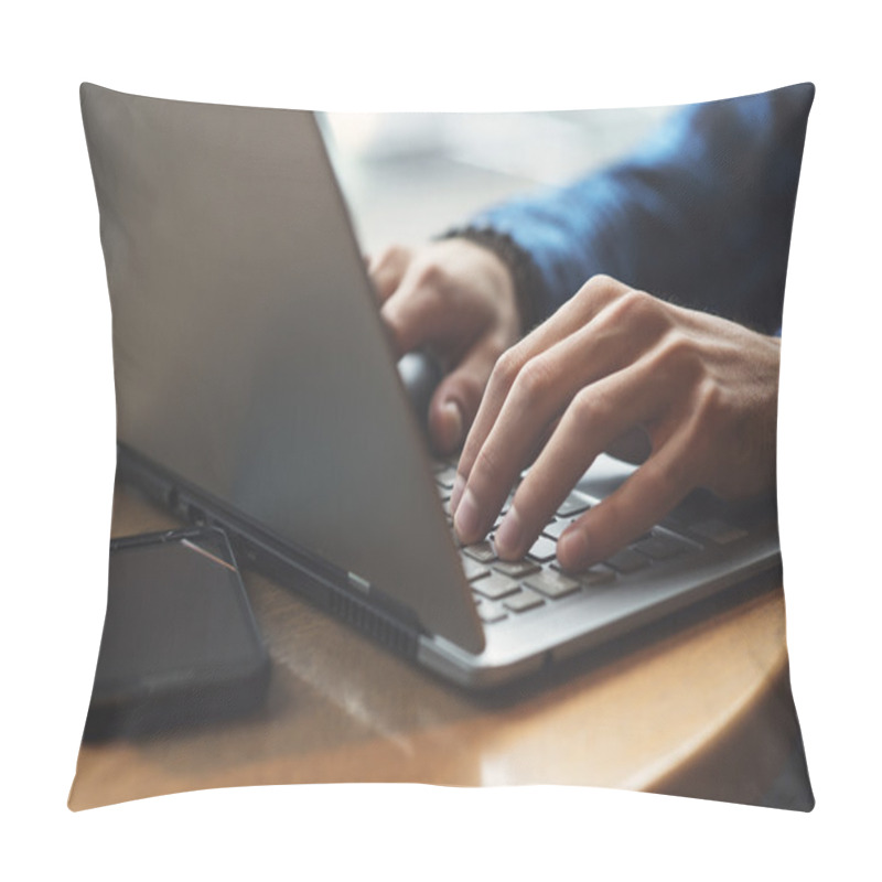 Personality  Close Up Shot Of Hands Typing On Laptop Pillow Covers