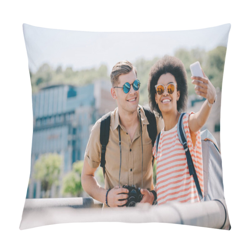 Personality  Young Multicultural Couple Of Travelers Taking Selfie On Smartphone  Pillow Covers