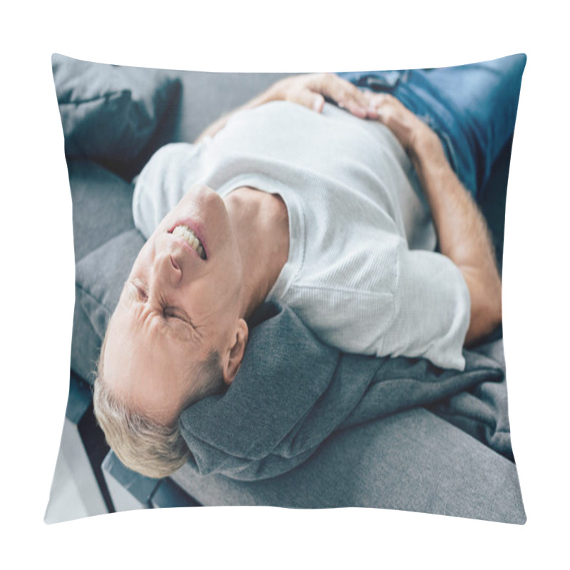 Personality  High Angle View Of Handsome Man In T-shirt With Stomachache  Pillow Covers