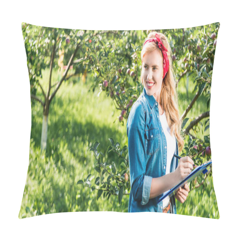 Personality  Smiling Farmer Holding Clipboard In Apple Garden At Farm And Looking Away  Pillow Covers