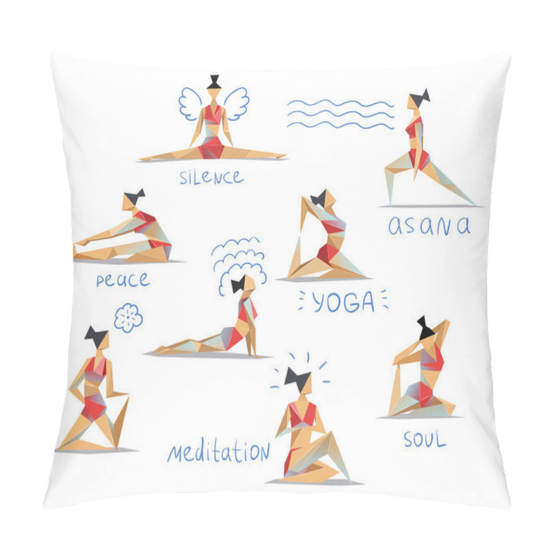 Personality  Vector Set Polygonal Illustration Of Yoga Poses. Women Doing Yoga Exercises Pillow Covers