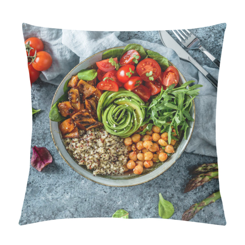 Personality  Buddha Bowl Salad With Baked Sweet Potatoes, Chickpeas, Quinoa, Tomatoes, Arugula, Avocado, Sprouts On Light Blue Background With Napkin. Healthy Vegan Food, Clean Eating, Dieting, Top View Pillow Covers