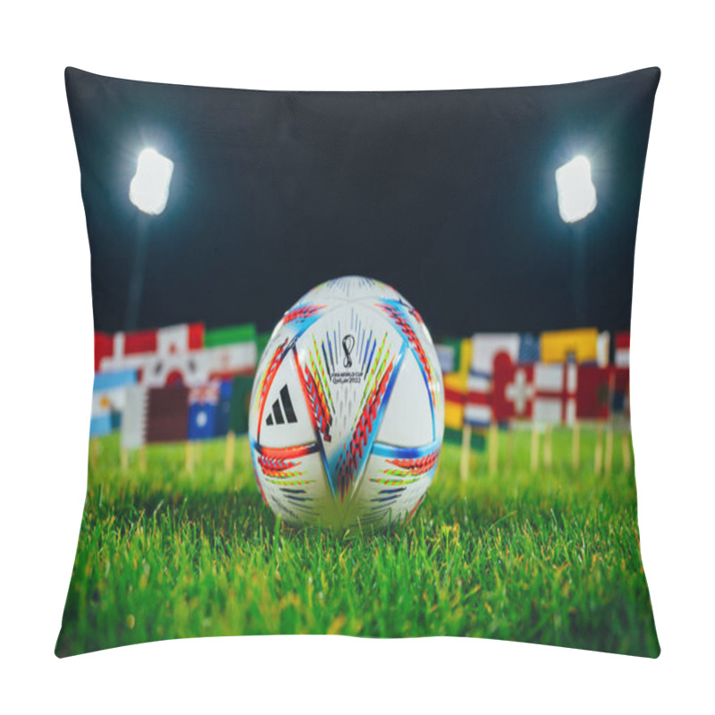 Personality  PARIS, FRANCE, 6 SEPTEMBER, 2022: Official Adidas World Cup Football Ball Al Rihla On Green Grass. Flags Of All 32 Nations Participate On FIFA World Cup In Qatar 2022. Soccer Ball At Stadium In Night Pillow Covers