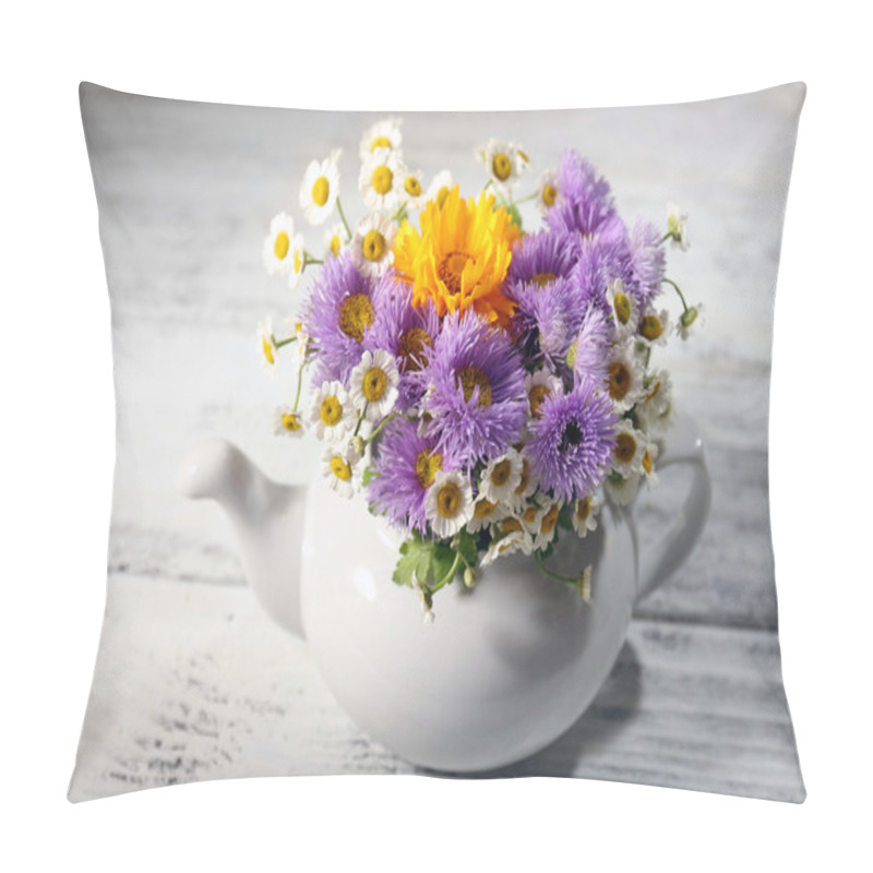 Personality  Kitchen Decoration With Teapot And Wild Flowers On Wooden Background Pillow Covers