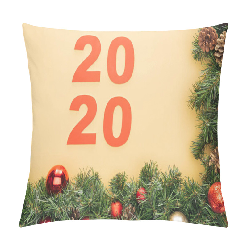 Personality  Top View Of Paper 2020 Numbers Near Christmas Tree Branch With Baubles On Yellow Background Pillow Covers