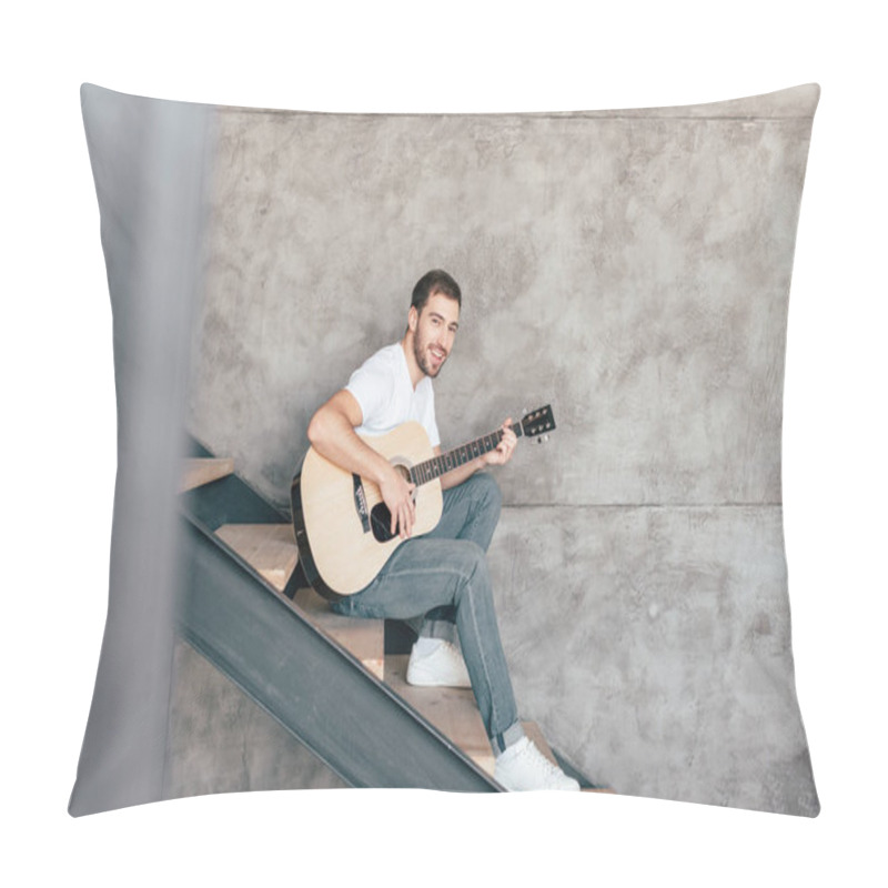 Personality  Smiling Bearded Man Sitting On Stairs And Playing Acoustic Guitar Pillow Covers