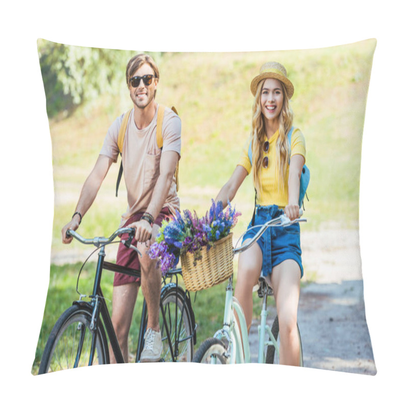 Personality  Happy Couple Riding Retro Bicycles In Park On Summer Day Pillow Covers