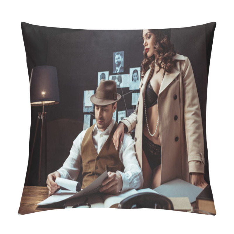 Personality  Sexy Woman In Underwear And Trench Coat Seducing Detective In Office Pillow Covers