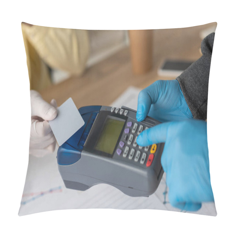 Personality  Cropped View Of Businessman Holding Credit Card Near Delivery Man With Payment Terminal Pillow Covers