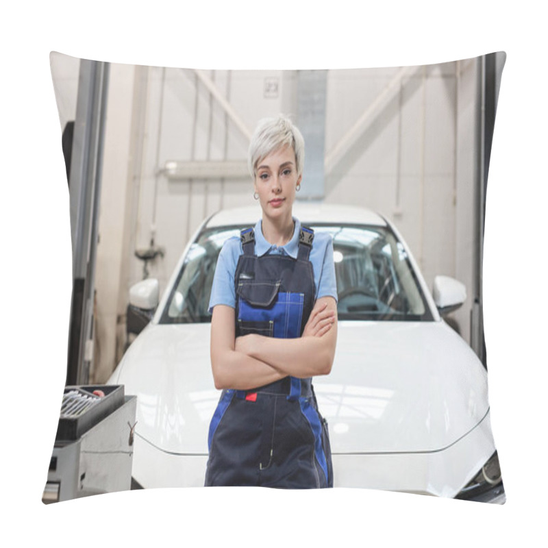 Personality  Professional Female Mechanic Posing At Camera Standing In Auto Repair Shop Pillow Covers