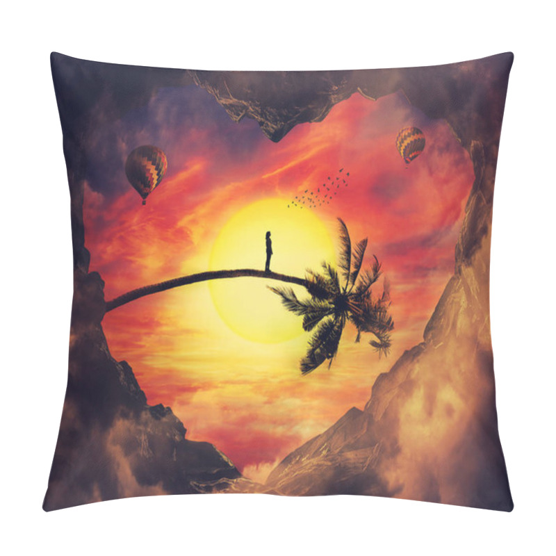 Personality  Imaginary View From A Heart Shaped Cave To A Exotic Sunset Sky And A Lonely Girl Waiting On A Bent Palm Tree Trunk Looking To A Hot Air Balloon At The Horizon. Pillow Covers