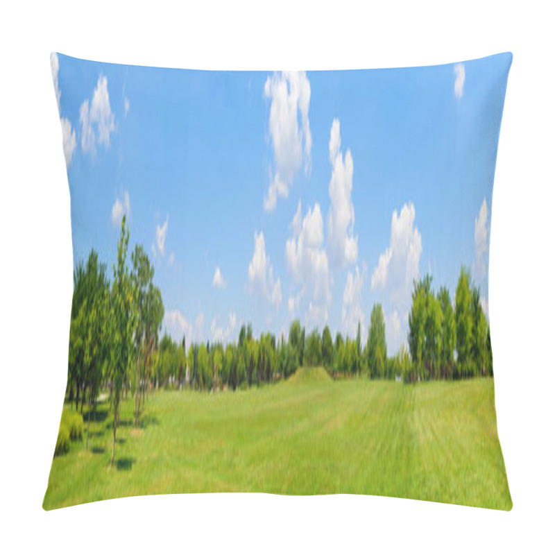 Personality  Panorama Of Green Lawn Field With Trees In The Background. Park At Mogosoaia Palace Near Bucharest, Romania Pillow Covers