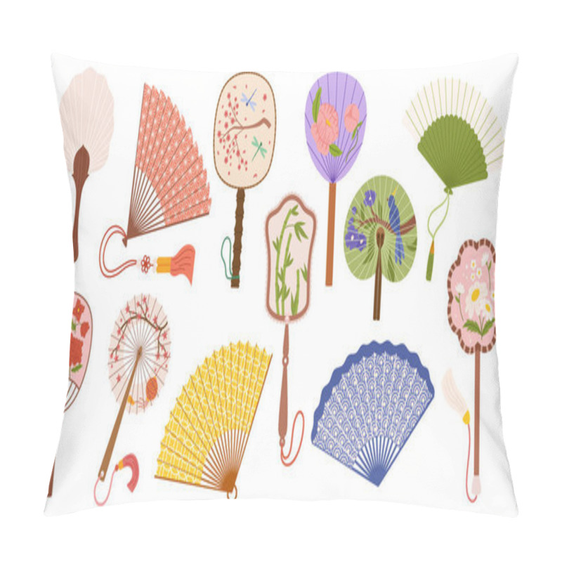 Personality  Vibrant Collection Of Asian Hand Fans Adorned With Intricate Designs, Rich Colors, And Delicate Craftsmanship, Offering A Glimpse Into The Artistry And Culture Of The East. Cartoon Vector Illustration Pillow Covers