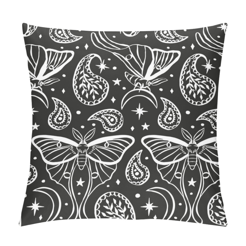 Personality  Monochrome Seamless Pattern With Celestial Luna Moth And Paisley Motif. Stars And Moons Boho Wallpaper. Nocturnal Butterfly Background. Pillow Covers