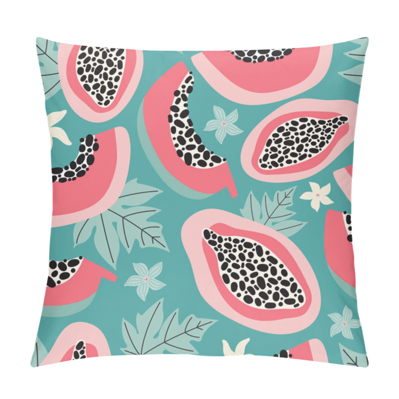 Personality  Hand Drawn Pink Papaya Seamless Pattern On A Turquoise Background. Exotic Summer Fruit Cut In Half With Flesh, Seeds, Leaves And Flowers. Modern Design For Textiles, Fabric, Packaging. Vector Flat Pillow Covers