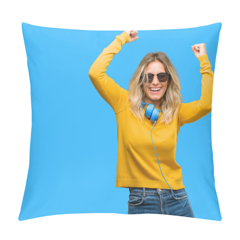 Personality  Young Beautiful Woman With Headphones Happy And Excited Celebrating Victory Expressing Big Success, Power, Energy And Positive Emotions. Celebrates New Job Joyful Pillow Covers