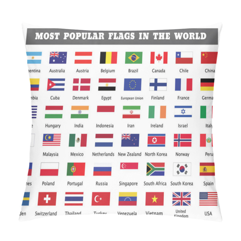 Personality  Most Popular Flags In The World. Forty Eight Popular Countries Flags Drawing By Illustration Pillow Covers