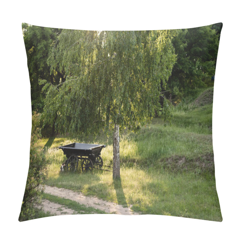 Personality  Wooden Cart On Green Grass Under Birch On Sunny Summer Day Pillow Covers