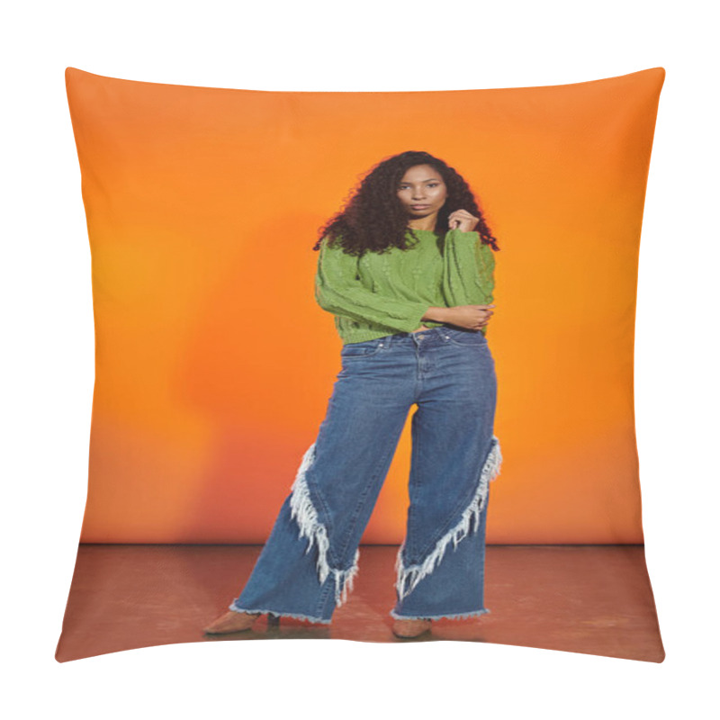 Personality  A Confident Woman Stuns In A Green Sweater And Trendy Wide Leg Jeans. Pillow Covers