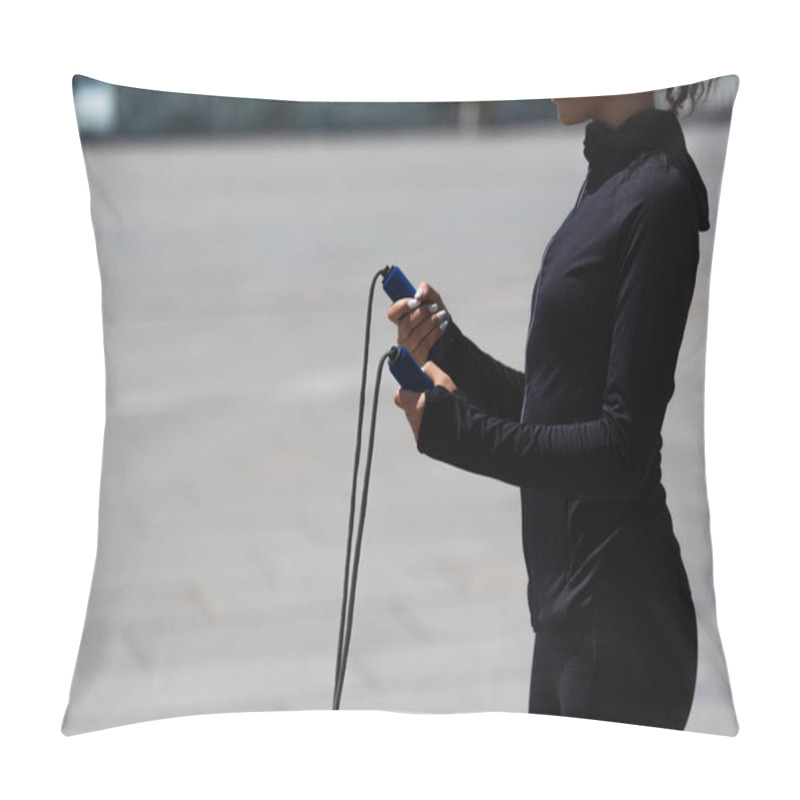 Personality  Cropped View Of African American Sportswoman In Black Sportswear Holding Jump Rope Outdoors  Pillow Covers