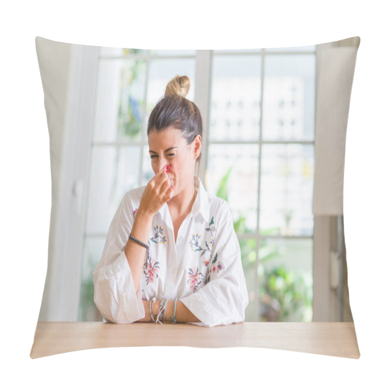 Personality  Young Woman At Home Smelling Something Stinky And Disgusting, Intolerable Smell, Holding Breath With Fingers On Nose. Bad Smells Concept. Pillow Covers