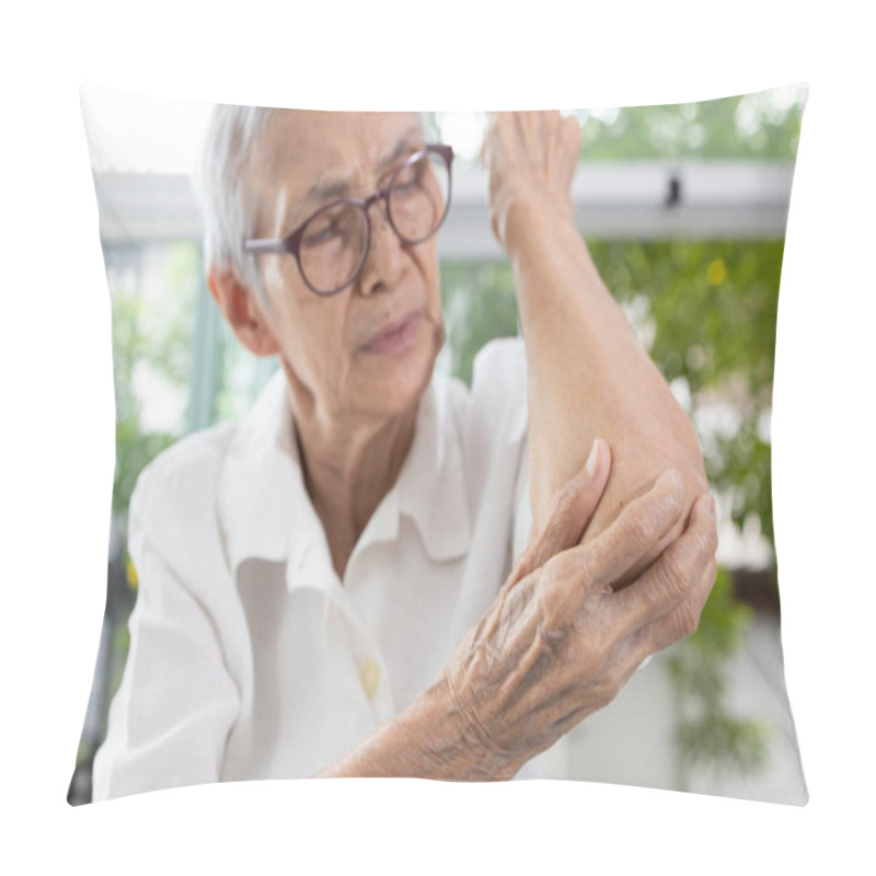 Personality  Old Elderly Experiencing Elbow Pain,stiffness And Swelling,irritation Of Joint,painful Inflammation Of Tendons In The Elbow,diseases Of Rheumatoid Arthritis,Osteoarthritis,Bursitis,health Care Concept Pillow Covers