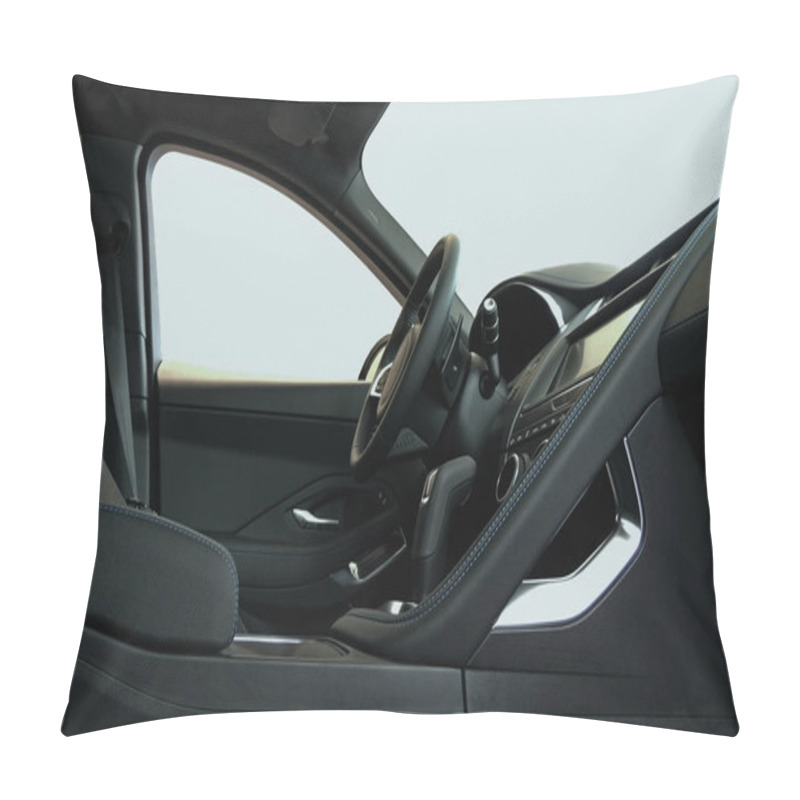 Personality  Side View Of Drivers Seat With Lateral Support In Dark Leather With Blue Thread Stitched Car Interior  Pillow Covers