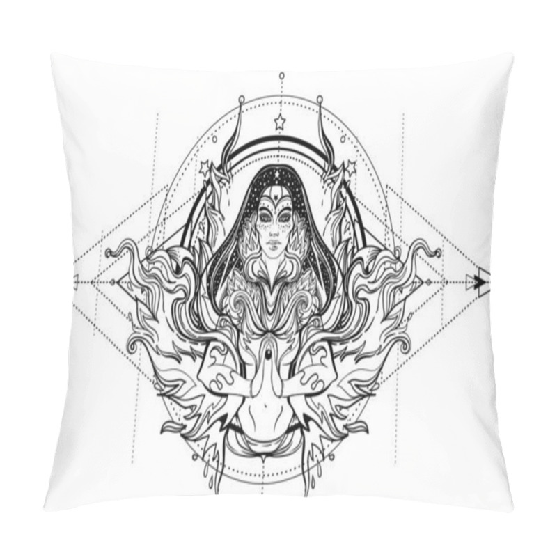 Personality  Asian Magic Woman With Sacred Geometry And Fire. Vector Illustration. Mysterious Thai Girl Over Mystic Symbols And Flames. Alchemy, Religion, Spirituality, Occultism, Asian Culture. Pillow Covers