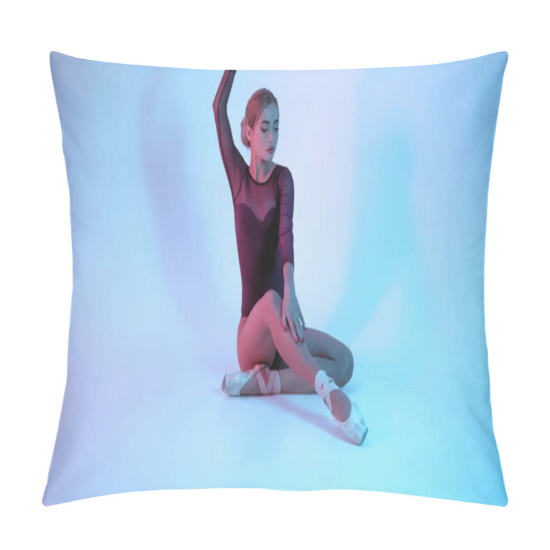 Personality  Young Ballerina In Pointe Shoes Dancing On Blue Background Pillow Covers