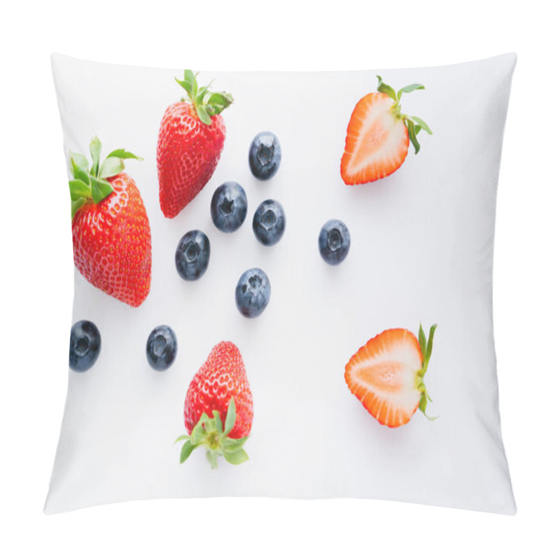 Personality  Top View Of Whole And Cut Berries On White Background  Pillow Covers