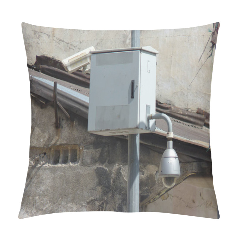 Personality  Urban Surveillance And Decay: A Security Camera Observing A Crumbling Wall, Symbolizing Modern Vigilance Amidst Neglected Foundations Pillow Covers